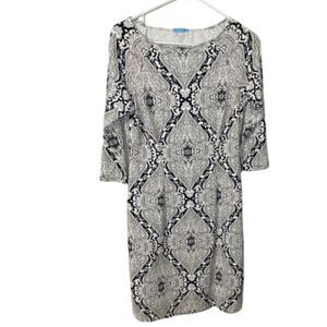 J McLaughlin Mari Sheath Shift Dress Catalina Cloth Gray White Damask Print